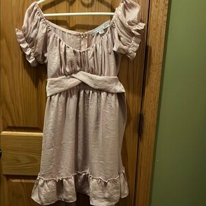 HYFVE Silver Babydoll Dress with Scoop Neck and Puff Sleeves